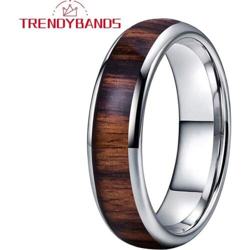 6MM Dark Red Wood Inlay Tungsten Carbide Rings For Men Women Wedding Band Domed Polished Shiny Comfort Fit