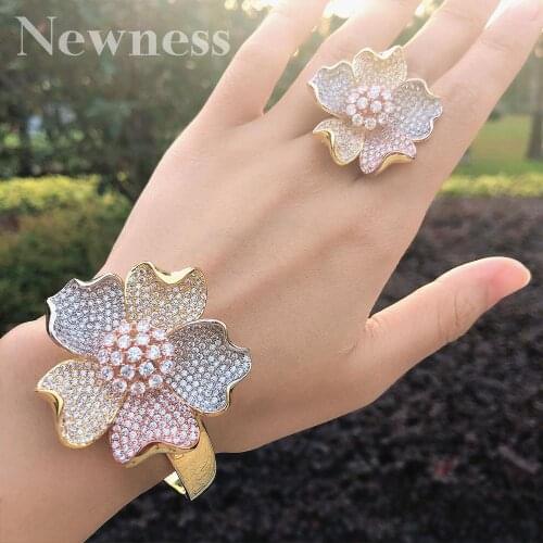 Newness Luxury Begonia Flowers Cubic Zirconia Party Wedding Women Party Engagement Width Bracelet Bangle And Ring Set