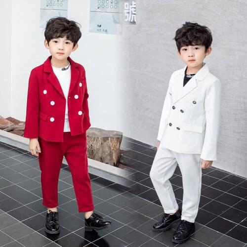 Boys Formal Double Breasted Suit Set Children Autumn England Handsome Performance Wedding Costume Kids Blazer Pants 2PCS Clothes