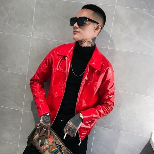 Red Faux Leather Stage Jackets Biker Mens Bomber Motorcycle Jackets Men Leather Casaca De Moto Hombre Streetwear Skin Jacket Men