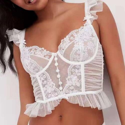 2021 Summer Lace Fashion Mesh Sexy Corset Tops White Suspender See Through Perspective Slim Fit T-shirt Party Nigh Club Wear Y2k