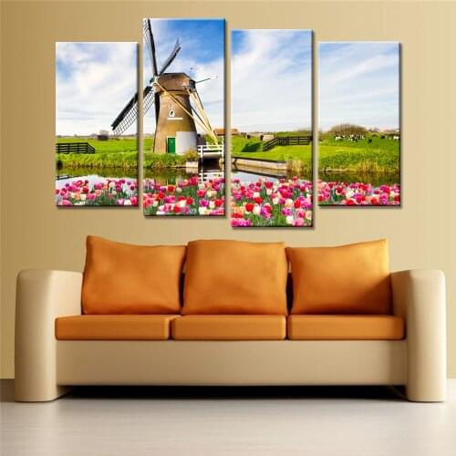 Four-Piece Modular Painting Art Canvas Painting Tulips and Windmill Wall Poster Decoration Living Room Picture Frameless Mural
