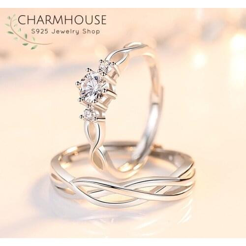 Engagement Rings For Lovers Pure Silver 925 Couples Ring With Zircon Adjustable Bague Femme Anillo Mujer Wedding Bridal Jewelry