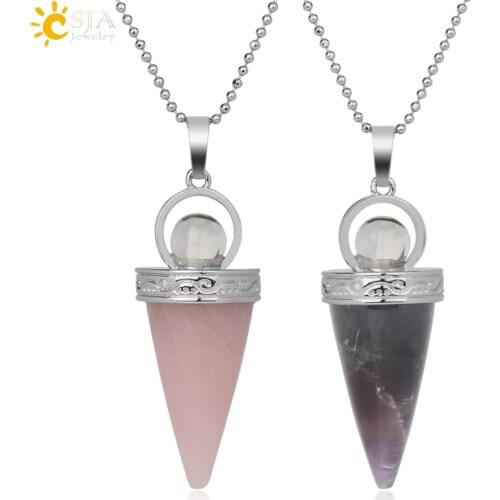 CSJA Natural Stones Cone Pendants Necklaces Healing Tiger Eye Pink Quartz Lapis White Crystal Fashion Jewelry for Women Men G246