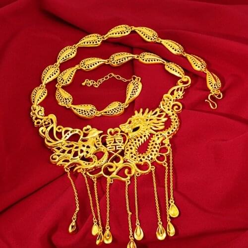 Classical 24k Yellow Gold Vintage Bride Necklace For Women Chinese Style Dragon Phoenix Gold Pendant Necklace Wedding Jewelry