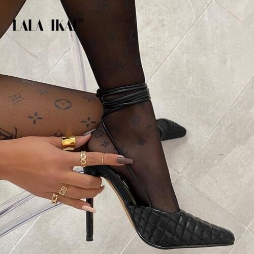 LALA IKAI 2021 Spring Summer Pointed Toe High Heels Ankle Cross Lace-up Womens Sandals Sexy Party Female Shoes Zapatos de mujer