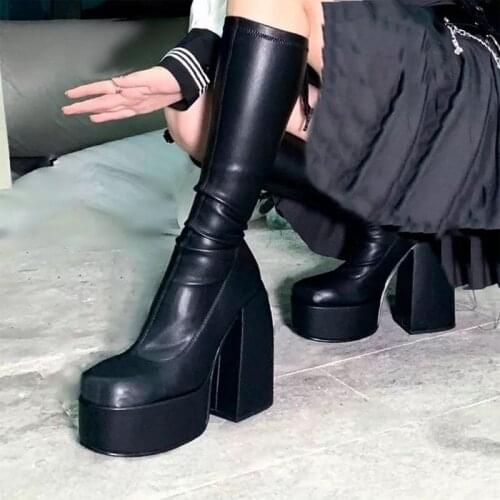 2021 New Punk Metal Buckle Motorcycle Boots Women Autumn Chunky Heels Mid Calf Boots Woman Pu Leather Platfrom Botas Mujer