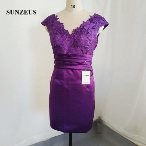 Deep V Neck Purple Short Mother Of Bride Dress Gown Satin Wedding Party Dress for Women Cap Sleeve Mother Groom Dress 2020 S641