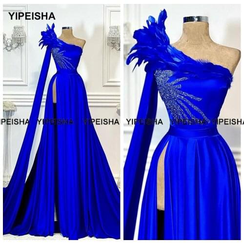 Yipeisha One-shoulder Royal Blue Evening Dresses Beaded Feather Prom Gown Slit Mermaid Wedding Party Dress Robe de Soiree Longue