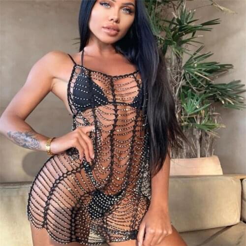 FUFUCAILLM Crocheted Cutout Beach Dress Solid Color U-Neck Sleeveless Handmade Hollow Out Layered Shiny Bikini Cover-Ups Women