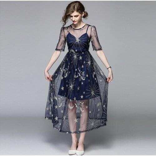 Robe Longue Elegant Women Summer Dress Maxi Mesh Evening Party Dress Female Embroidery Womens Dresses Vestido Sexy YQ082