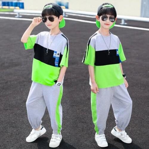 Summer Children Cotton Clothing Sets Tracksuit For Boys Jazz Hip Hop Sportswear Sports Fluorescence Neon Green Orange 2pcs Sets
