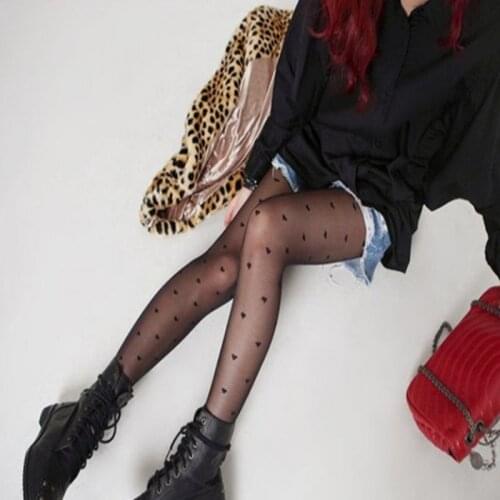 40GC Womens Sexy Vintage Heart Polka Dot Print Pantyhose See-Through Tights Stockings Seamless Jacquard Fishnet Mesh Party