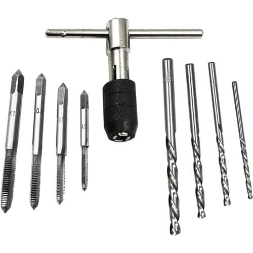 9pc HSS Hand Tap Set M2 Twist Drill Bits T-Handle Wrench hread Reamer M3-M6 Taps For Wood Soft Metal Aluminum PCB