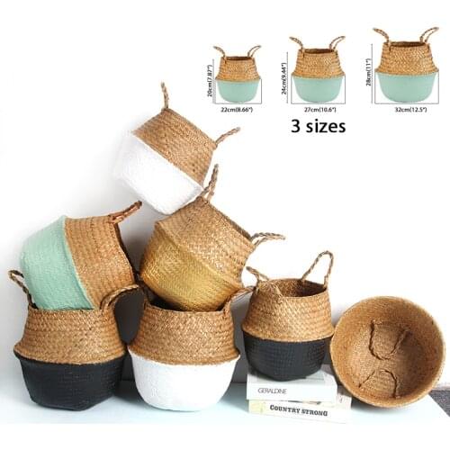 Seagrass Wickerwork Basket Rattan Foldable Hanging Flower Pot Planter Woven Dirty Laundry Hamper Storage Basket Holder Case