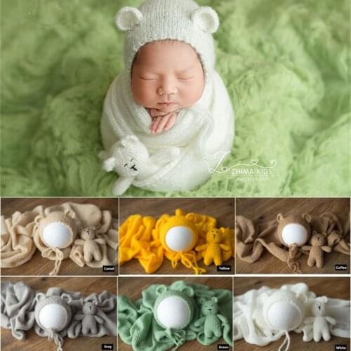Dvotinst Newborn Photography Props Baby Knit Soft Ears Bonnet Cute Bear Doll Wraps Fotografia Accessory Studio Shoot Photo Props