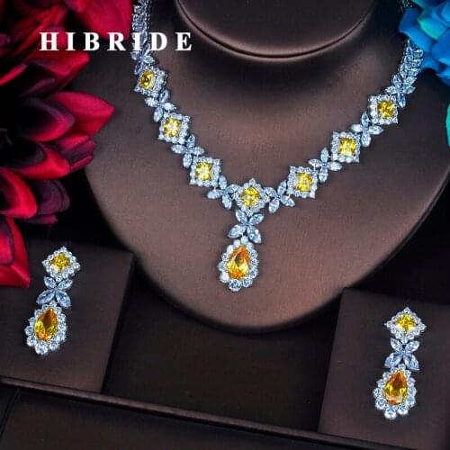 HIBRIDE Charm Yellow AAA Cubic Zirconia Jewelry Sets For Women Bridal Wedding Sets Earring Necklace Set Gift Wholesale N-392