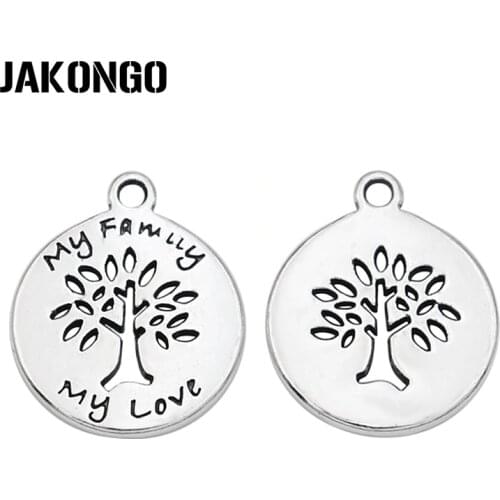 JAKONGO 20pcs Antique Silver Plated Tree Love Family Charms Pendants for Jewelry Making Necklace DIY Accessories 14mm