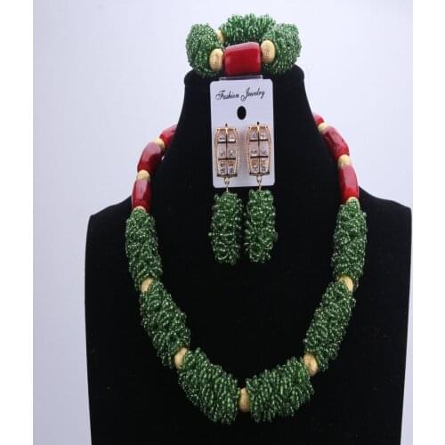 NEW Red Coral Green African Beads Wedding Jewelry Sets Nigerian Beaded Necklace Party Sets Bridal Necklace Earrings Bracelet