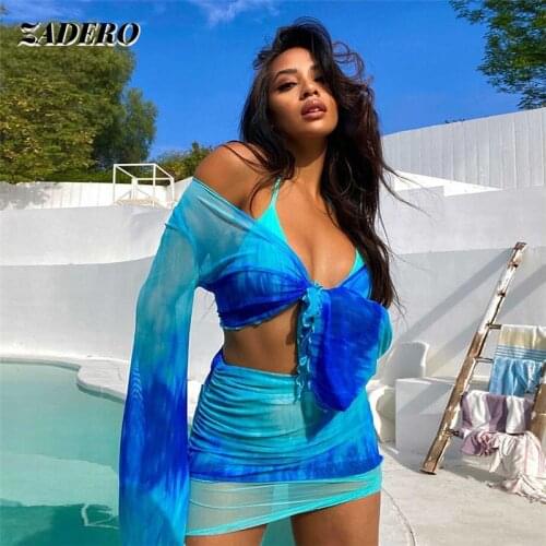 Blue Gradient Skirts Sets Sexy Mesh Bikini Cover-Ups Lace-Up Front Long Sleeve Crop Tops Ruched Bodycon Skirt Beach Clubwear
