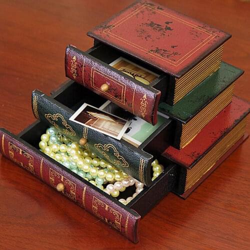 European Retro Storage Box With 3 Drawers Book Shape Storage Box Fake Book Wooden Jewelry Cosmetic Box For Home Office Decor