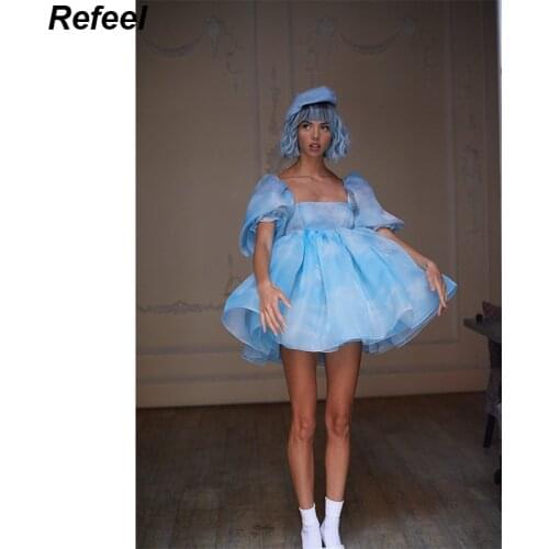 Summer Women Blooming Sky Color Organza Princess Dress Female Sexy Square Neck Puff Sleeve Mini Party Dress Short Vestido