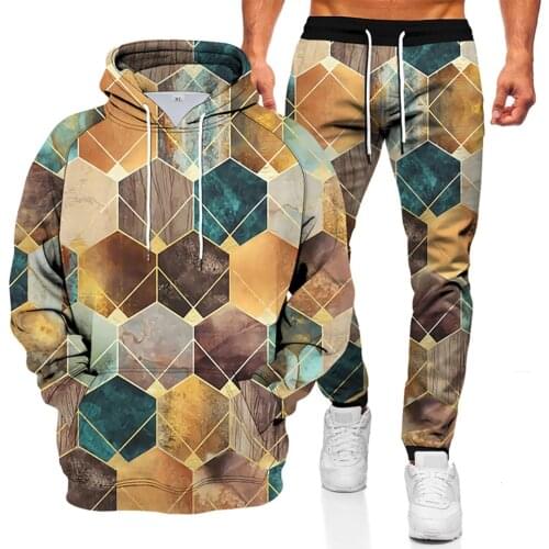 3D printing fashion hoodie mens casual diamond sweater hoodie + pants two-piece sportswear trendy sweater set