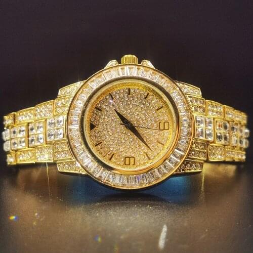 Missfox Full Diamond Gold Watch Man Square Diamond Fashion Round Hiphop Mens Wristwatch Business Blingbling Quartz Watches Male