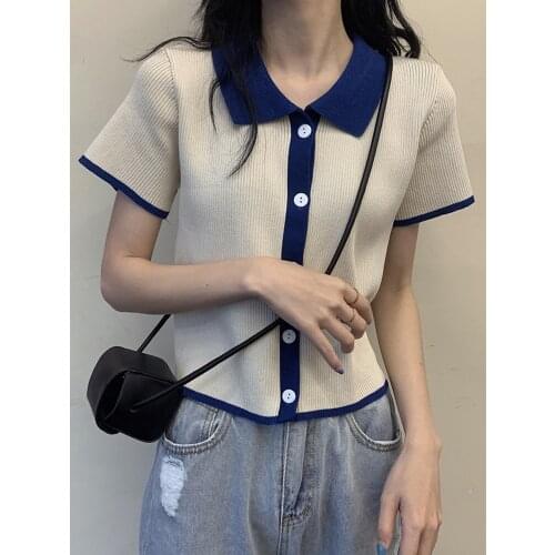 2021 Spring And Summer New Womens Wear Contrast Short Style Thin Short Sleeve T-shirt Womens Wear Knitting Top Tide