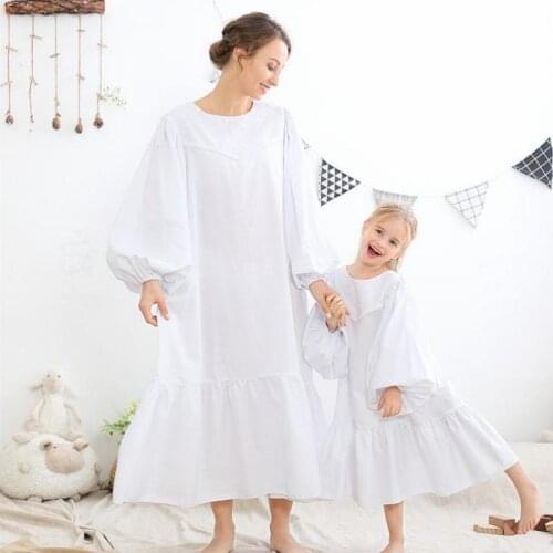 Family Matching Sleepwear Mother + Daughter Nightdress Puff Sleeve Soft Cotton Long Nightgown Leisure Bathrobe Home Wear Clothes