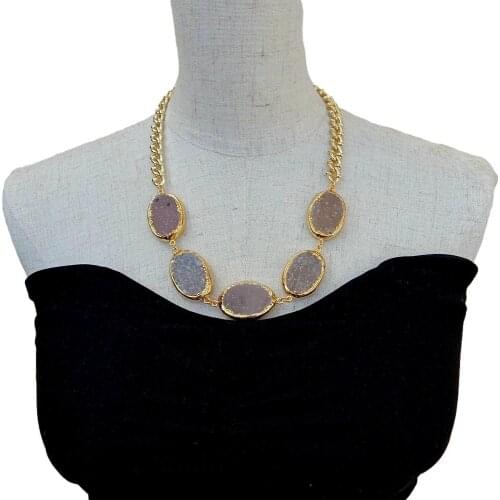 YYGEM 21" Natural Agate Druzy Rough Oval Shape With Electroplated Edge Chain choker Necklace