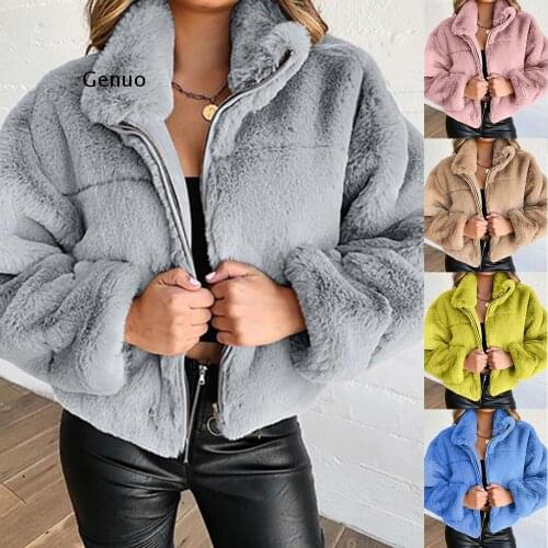 New Faux Fur Coat Jacket Women Autumn Winter New Zipper -down Collar Outerwear Pocket Casual Hairy Overcoat