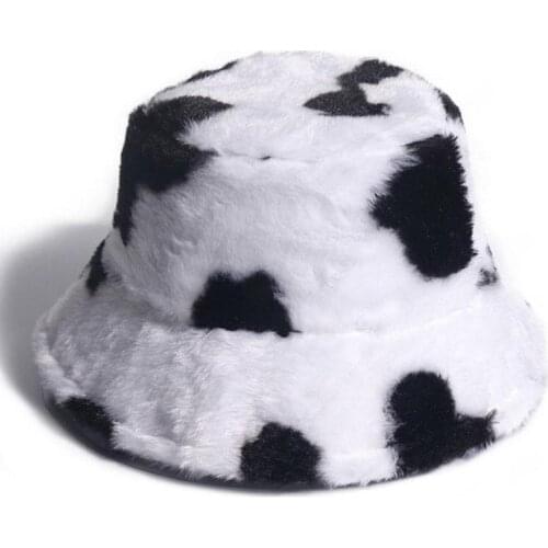 2021 Faux Fur Cow Print Bucket Hats Plush Women Vacation Cap Winter Warm Panama Fisherman Caps Fashion Fur Cow Print Bucket Hat