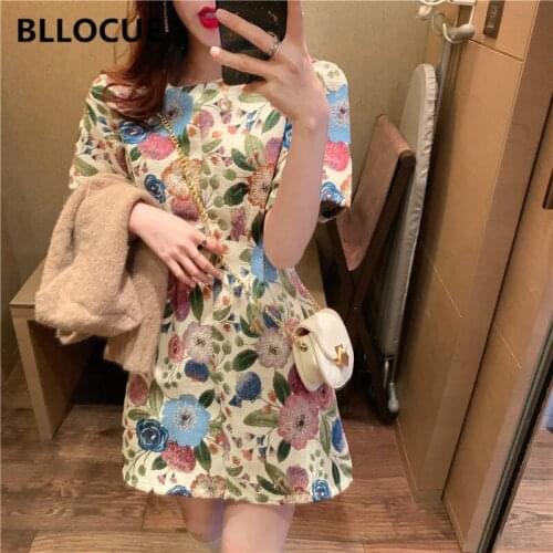 BLLOCUE 2020 Summer New Chic Retro Flower Print Round Neck A-Line Dress Women Short Sleeve Slim Mini Dress