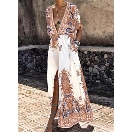 Women Dress Printed Long Short Sleeve V-Neck Slit Ladies Dress 2021Summer New Fashion Outdoor Casual Comfy Female Footwear