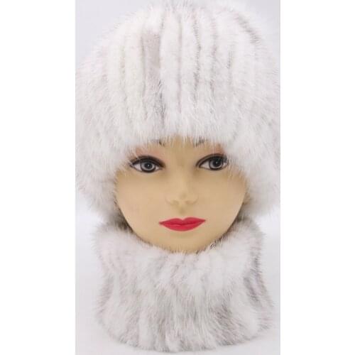 JKP Natural Mink Fur Beanie Hat Scarf Set Winter Warm Accessories Fashion Real Mink Fur Womens Hat and Scarf Set High Quality