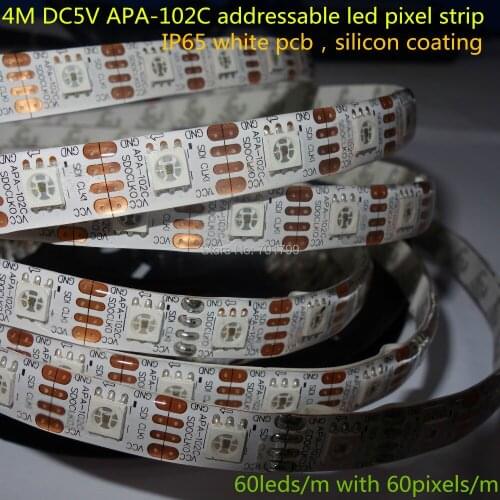 4M DC5V IP65 white pcb APA-102C addressable led pixel strip;60leds/m with 60pixels/m;waterproof in silicon coating