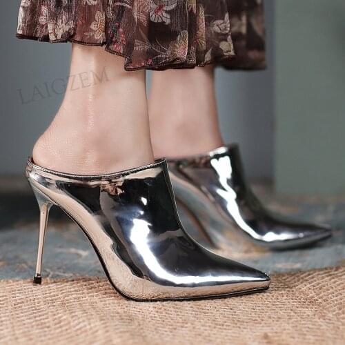 LAIGZEM Women Pumps Shiny Slip On 9CM Metal Stiletto Heels Slides Mules Ladies Prom Wedding Ladies Shoes Woman Size 33 37 44 46