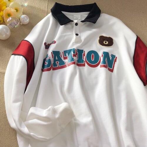 Vintage Patchwork POLO Shirt Sweatshirt Cartoon Bear Kawaii Clothes for Teens 2021 Autumn New Long Sleeve Tops Pullover Harajuku