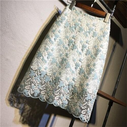 Women Spring Summer Sexy Party Floral Embroidery Lace Pencil Skirt Office Ladies High Waist Knee Length Vintage Midi Skirts 2077