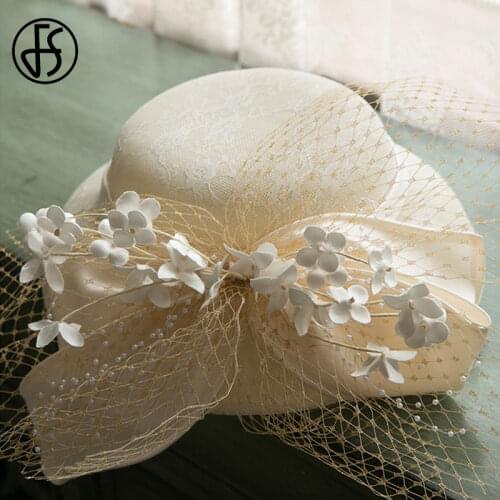 FS French Mesh Bow Women Church Hats For Ladies Wedding Fascinator Hat Beige White Fedora Summer Elegant British Top Hat