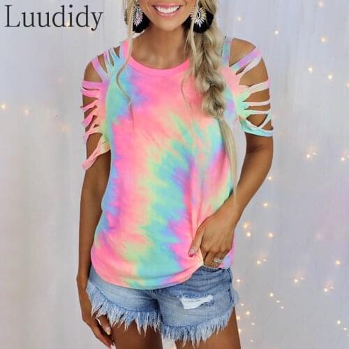 Plus Size Women Casual T-Shirt Tie Dye Print Hollow Short Sleeve Tee Top