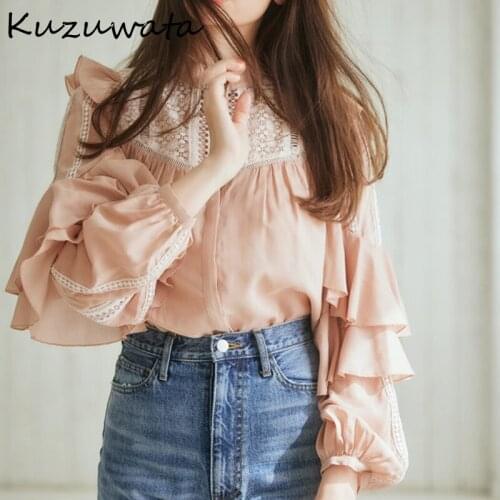 Kuzuwata Elegant Lace Patch Hook Flower Blouse Women Stand Collar Long Sleeve Single Breast Blusas Spring 2021 New Shirt Femme