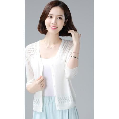 Women 2020 Summer Fashion Cardigans Three Quarter Sleeve Solid Ice Silk Knit Sweater Coat Female Hollow Thin Short Cardigan G282