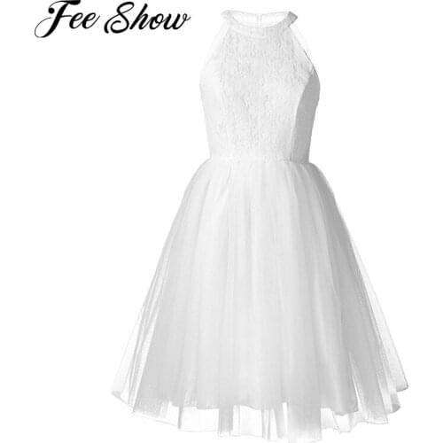 Women Short Formal Party Dress Vestido Halter Neck Sleeveless Lace Embroidered Floral 3 Layers Mesh Tulle Birthday Wedding Dress