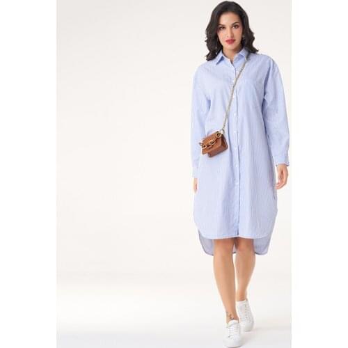New Summer Womens Fashion Ladies Long-sleeved Lapel Temperament Striped Casual All-match Shirt Dress