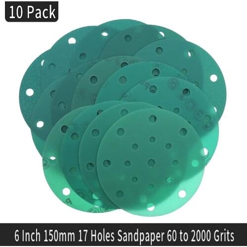 10Pcs 6 Inch 150mm 17 Holes Sandpaper 60 to 2000 Grits Hook and Loop Green Film Sanding Disc For Polishing and Grinding