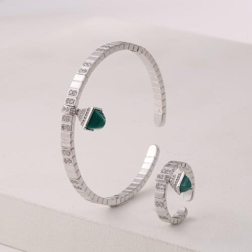 2021 Classic Women Fashion 2 Pcs Bracelet & Ring Set Simple Candy Color Stone Design Gold Cuff Bangle Ring Dubai Jewelry Set