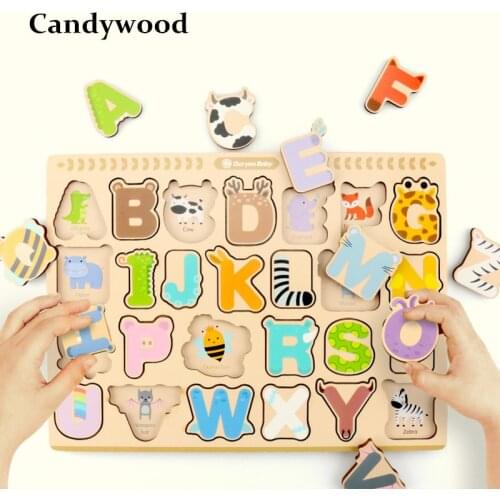 30*20CM Cartoon 26 Letters Puzzle Wooden Toys Alphabet Puzzles for Children Cartoon Animal Board Kids Educational Developing Toy