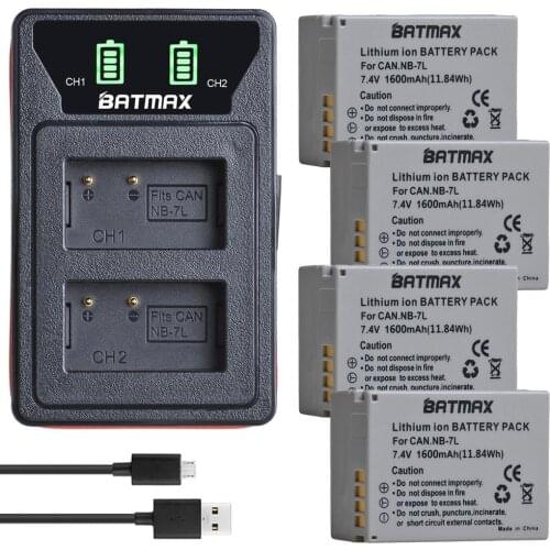 4Pcs NB-7L NB7L NB 7L Battery + LED USB Dual Charger with Type C for Canon PowerShot G10 G11 G12 SX30 E1011C SX30IS